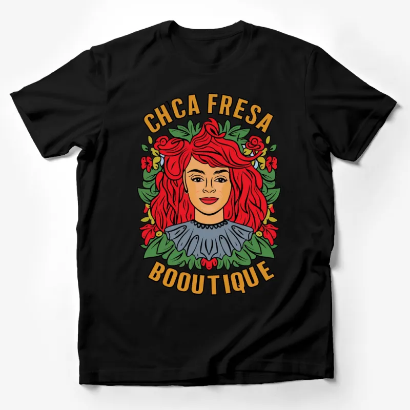 Chica Fresca Boutique T-Shirt, Vibrant Woman Portrait with Flowers, Fashionable Apparel, Unique Graphic Tee Gift Idea Male T-Shirt