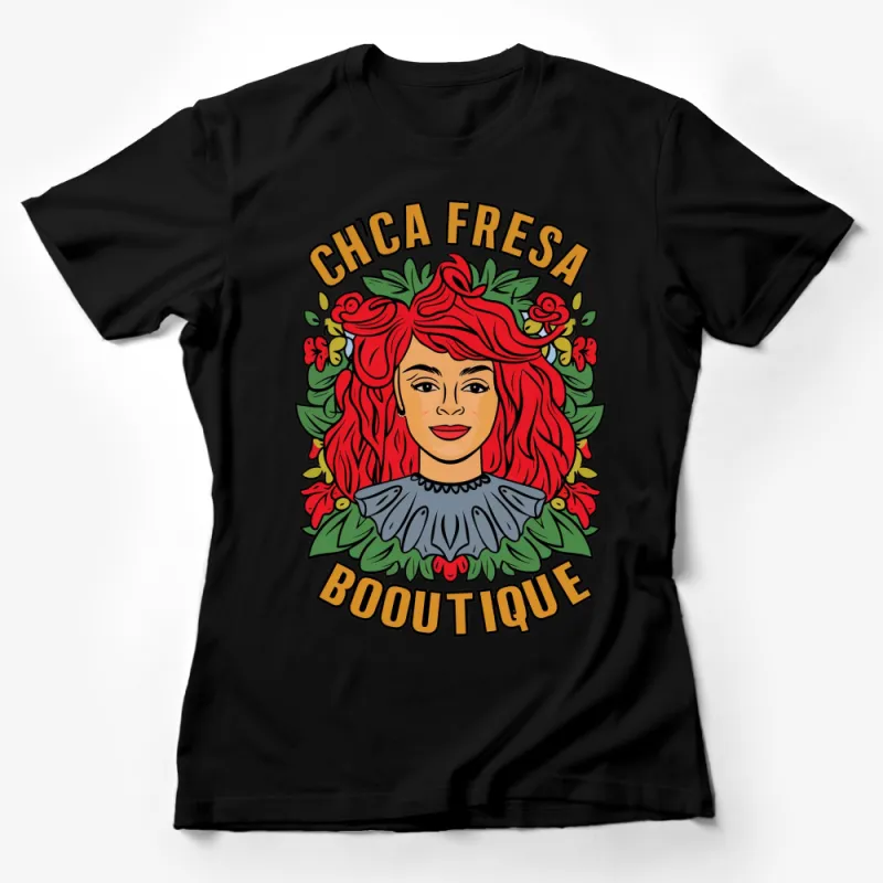 Chica Fresca Boutique T-Shirt, Vibrant Woman Portrait with Flowers, Fashionable Apparel, Unique Graphic Tee Gift Idea Female T-Shirt