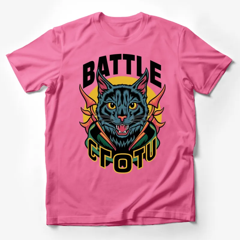 Men's Black T-Shirt with Bold Battle Cat Graphic, COTU, Fierce Cat Design, Streetwear Style Tee Male T-Shirt