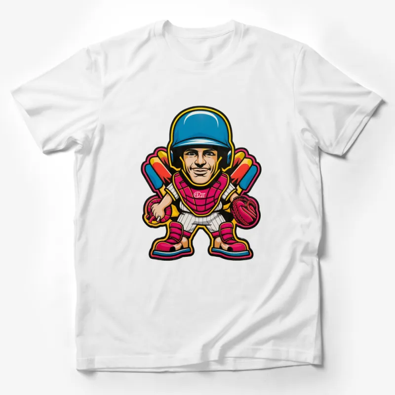 Retro Baseball Player Cartoon T-Shirt, Colorful Vintage Sports Graphic Tee, Novelty Men's Shirt Male T-Shirt