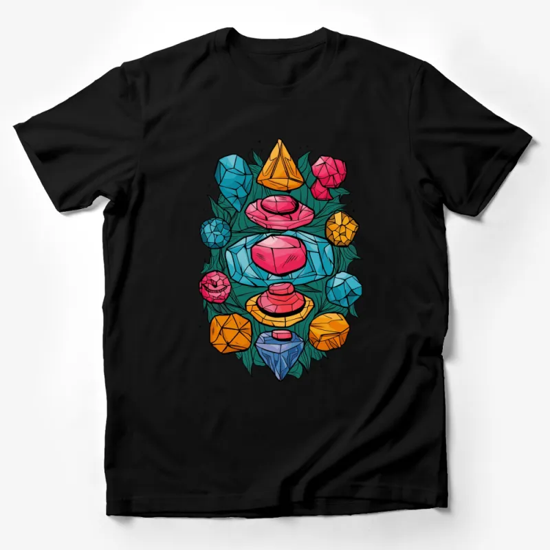 Colorful Geometric Crystal Design T-Shirt, Unisex Graphic Tee, Unique Gemstone Print Male T-Shirt