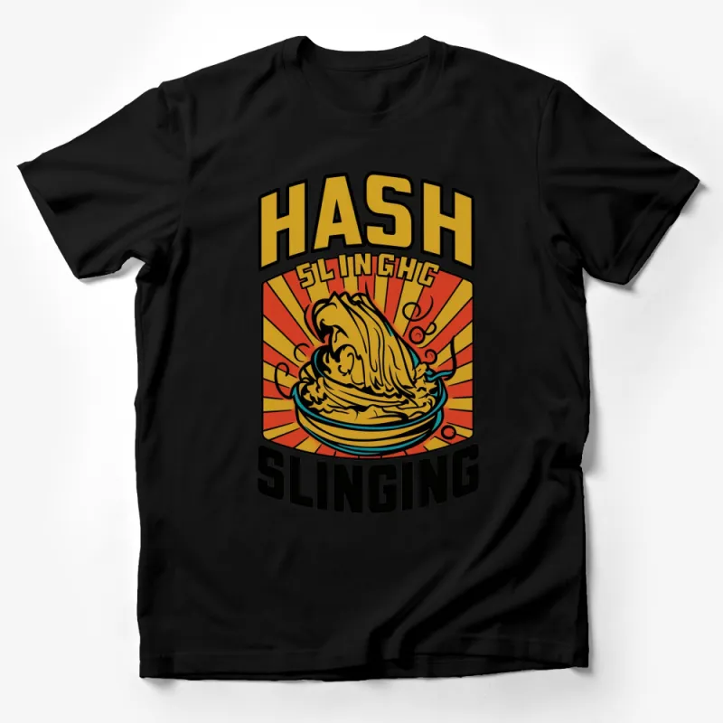 Hash Slinging Chic Retro Diner Style T-Shirt, Vintage Food Graphic Tee, Colorful Casual Top Male T-Shirt