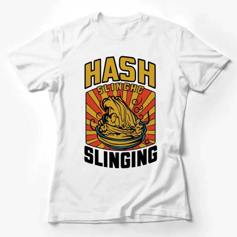 Hash Slinging Chic Retro Diner Style T-Shirt, Vintage Food Graphic Tee, Colorful Casual Top Female T-Shirt