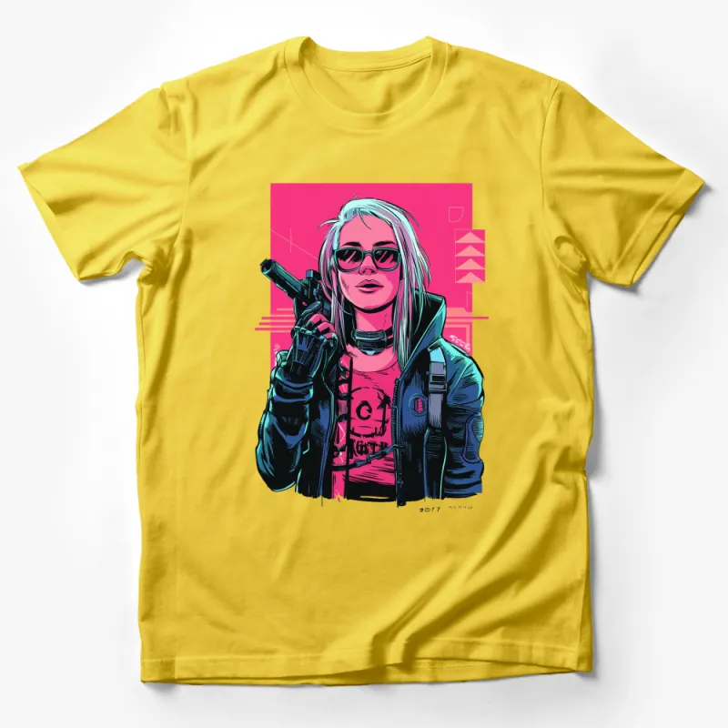 Cyberpunk Girl T-Shirt, Futuristic Female Warrior, Neon Pink and Blue, Cool Sci-Fi Fashion, Graphic Tee, Urban Style Male T-Shirt