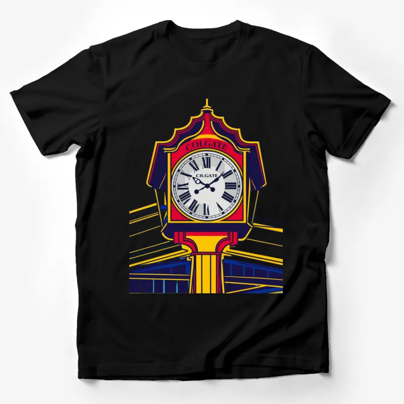 Vintage Colgate Clock Design T-Shirt, Colorful Artistic Clock Graphic Tee, Unique Unisex Apparel Male T-Shirt