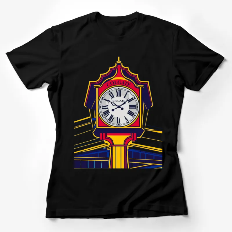 Vintage Colgate Clock Design T-Shirt, Colorful Artistic Clock Graphic Tee, Unique Unisex Apparel Female T-Shirt