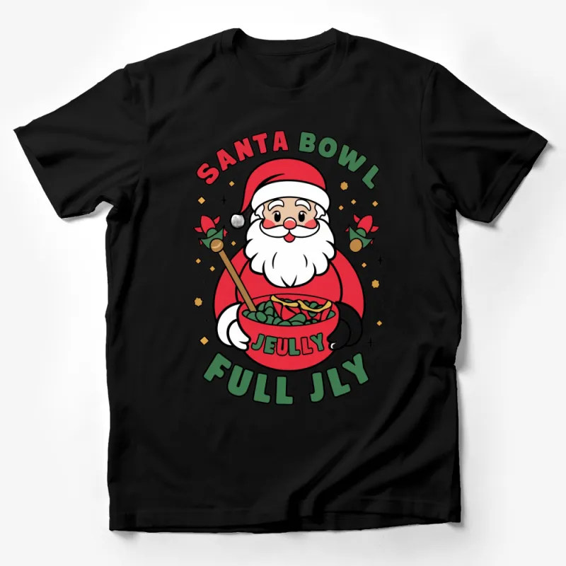 Santa Bowl Full Jolly Christmas T-Shirt, Festive Holiday Graphic Tee, Red Santa with Candy Bowl Male T-Shirt