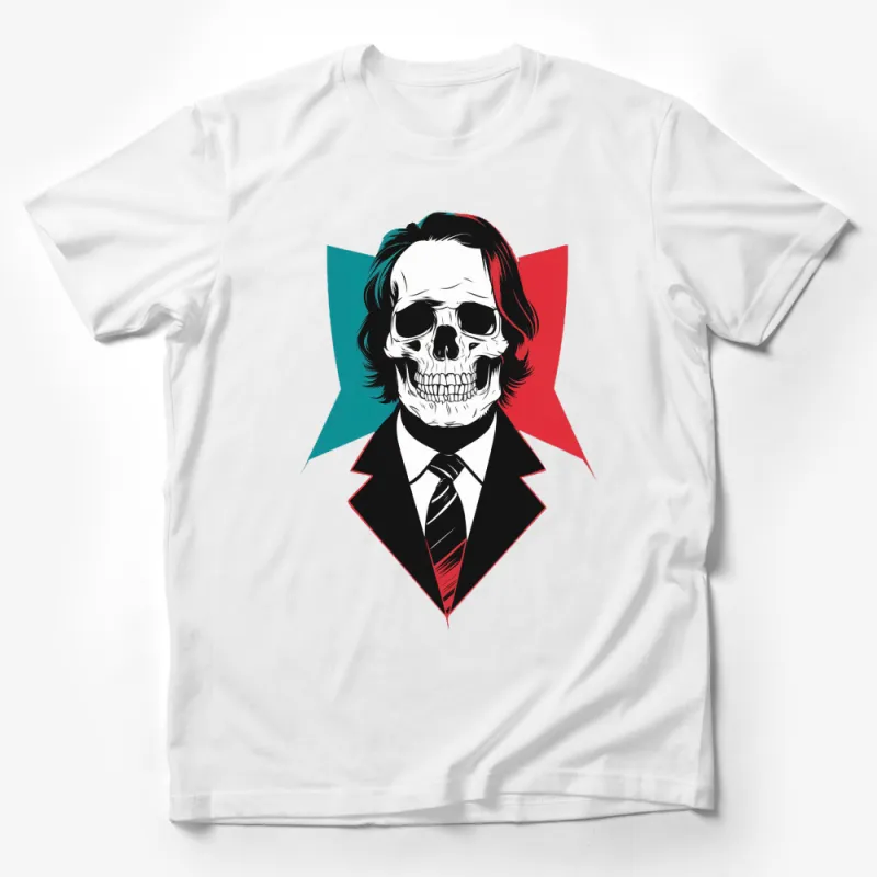 Colorful Skull Art T-Shirt, Bold Graphic Skull in Suit, Unique Style Statement, Perfect Goth Gift Male T-Shirt