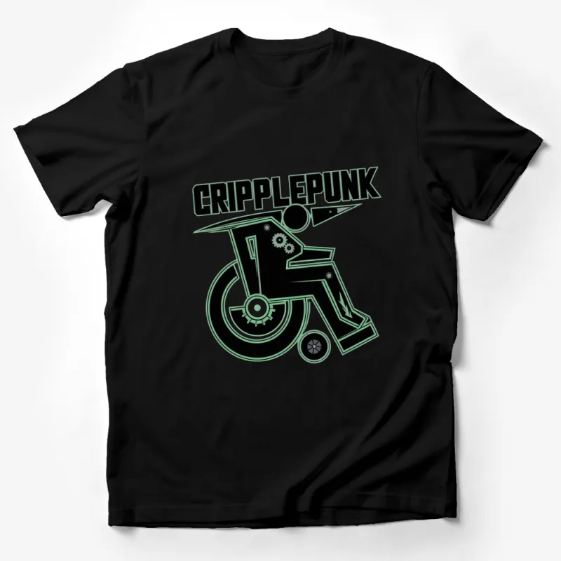 CripplePunk Wheelchair Graphic T-Shirt, Green Black Activist Tee, Inclusive Fashion Apparel Male T-Shirt