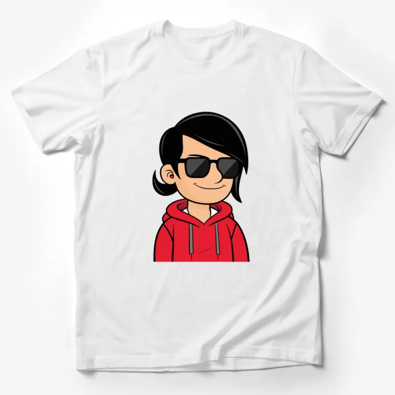 Cartoon Character T-Shirt, Stylish Young Person in Red Hoodie, Cool Sunglasses Design Male T-Shirt