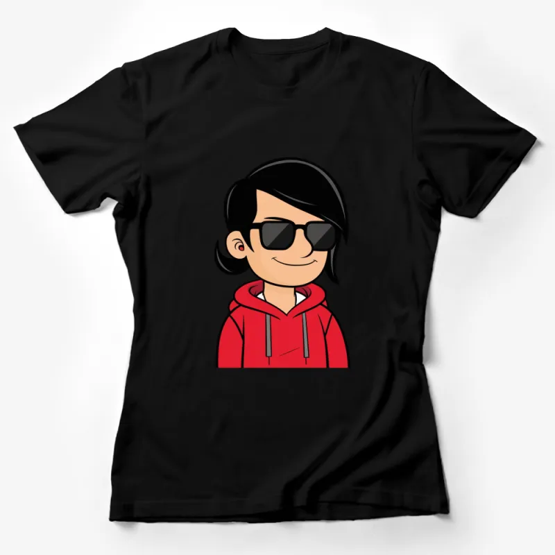 Cartoon Character T-Shirt, Stylish Young Person in Red Hoodie, Cool Sunglasses Design Female T-Shirt