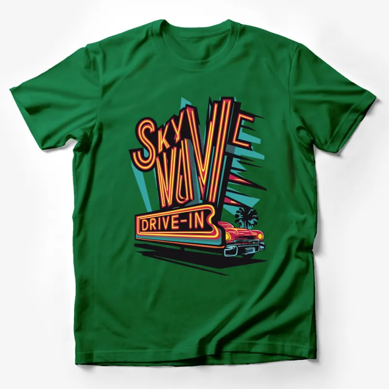 Retro SkyVale Drive-In Neon Sign Graphic T-Shirt, Vintage Car Tee, Unique 1950s Style Shirt for Movie Lovers Male T-Shirt