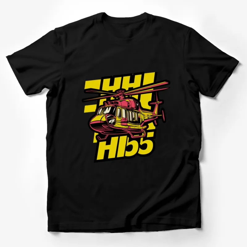 Retro Helicopter Graphic T-Shirt, Vintage Huey Helicopter, Bold Yellow Black Design Male T-Shirt