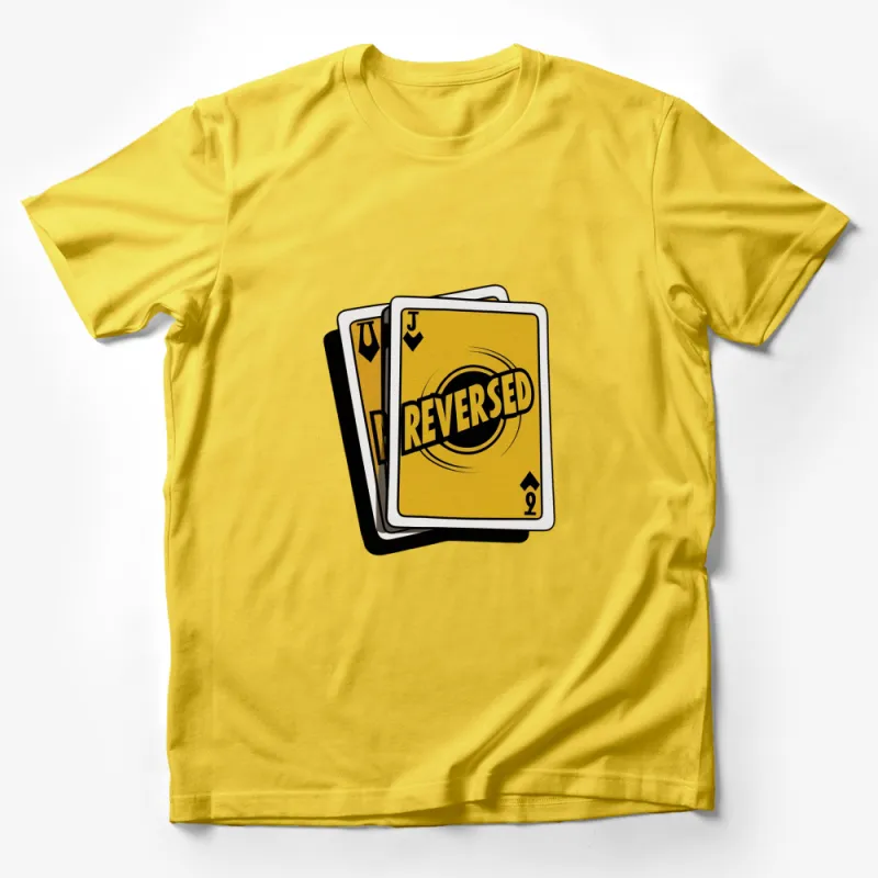 Reversed Jack Playing Card Graphic T-Shirt, Yellow and Black Card Design Tee, Casual Apparel Male T-Shirt