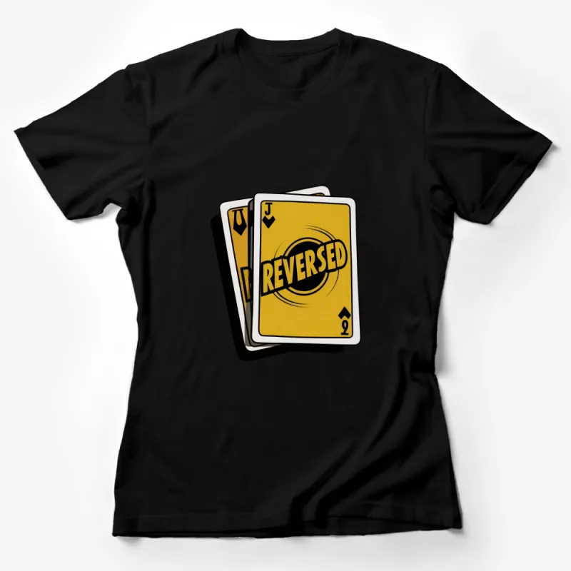 Reversed Jack Playing Card Graphic T-Shirt, Yellow and Black Card Design Tee, Casual Apparel Female T-Shirt