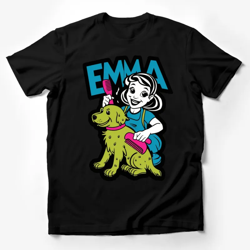 Emma Grooming Dog Cartoon T-Shirt, Colorful Kid's Graphic Tee, Playful Pet Art, Fun Animal Lover Shirt Male T-Shirt