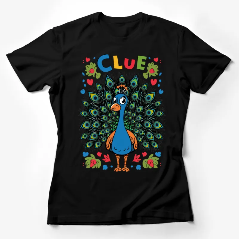 Colorful Peacock Cartoon Print T-Shirt, Unisex Comic Style Bird Graphic Tee, Unique Children's Animal Design Top Female T-Shirt