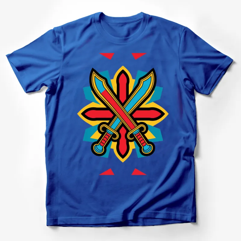 Colorful Crossed Swords Graphic T-Shirt, Vibrant Retro Style Tee, Urban Streetwear, Unisex Fashion Male T-Shirt