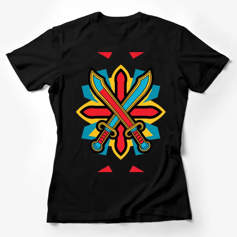 Colorful Crossed Swords Graphic T-Shirt, Vibrant Retro Style Tee, Urban Streetwear, Unisex Fashion Female T-Shirt