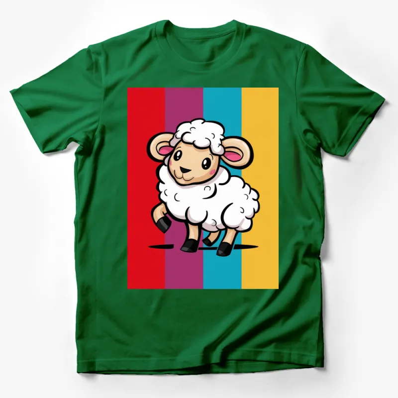 Colorful Background Cute Sheep Cartoon T-Shirt, Fun Animal Graphic Tee, Unisex Kids and Adult Sizes Male T-Shirt