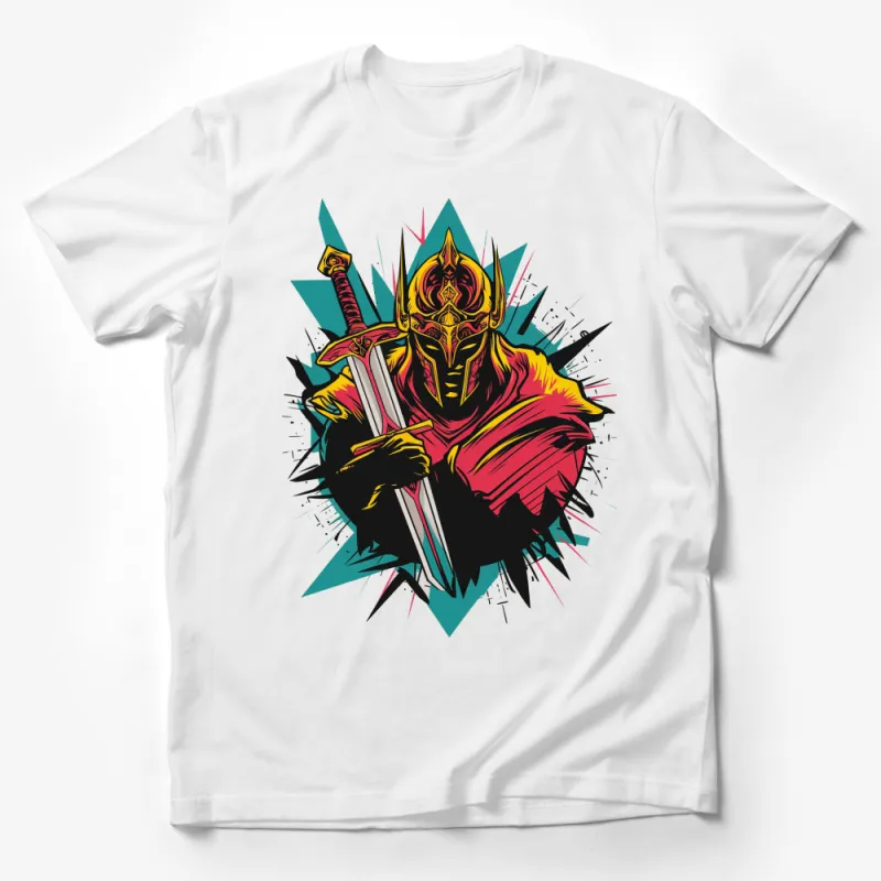 Fantasy Warrior T-Shirt, Bold Knight Graphic Tee, Colorful Samurai Armor Design, Unisex Male T-Shirt