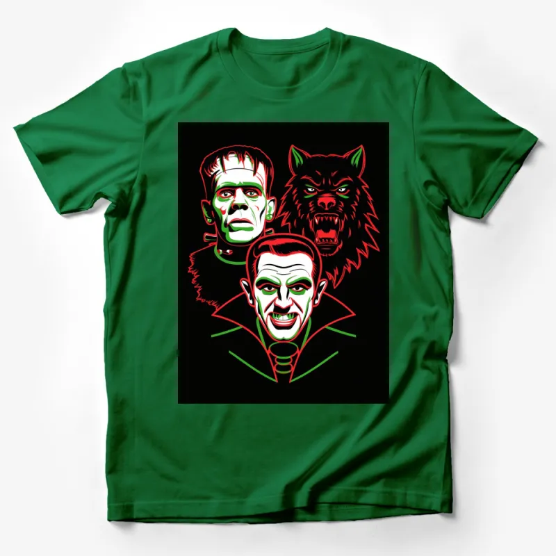 Classic Horror Trio T-Shirt, Frankenstein, Dracula, Wolfman in Neon Colors, Unisex Graphic Tee Male T-Shirt