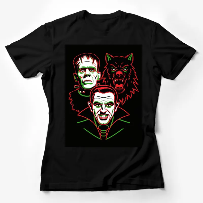 Classic Horror Trio T-Shirt, Frankenstein, Dracula, Wolfman in Neon Colors, Unisex Graphic Tee Female T-Shirt