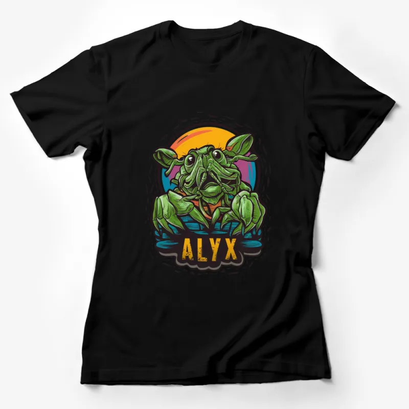 Custom Alien Graphic T-Shirt, Vibrant Neon Colors, Outer Space Art, Personalized Name ALYX Design Female T-Shirt