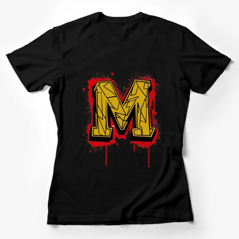 Graphic Letter M T-Shirt, Bold Yellow and Red Splatter Design, Unisex Fashion Tee Female T-Shirt