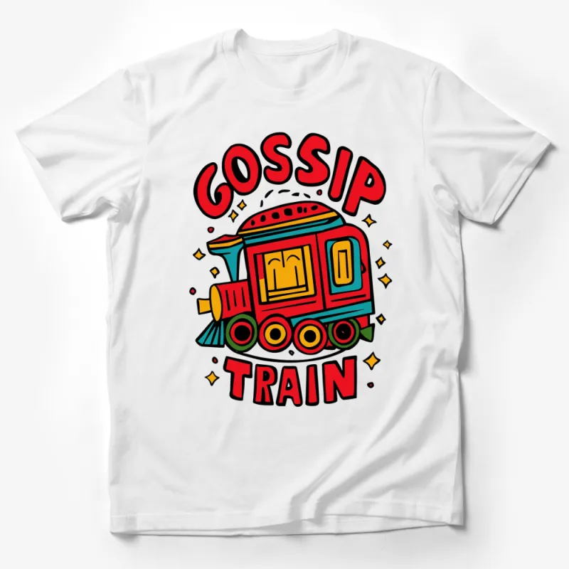 Colorful Gossip Train T-Shirt, Retro Train Graphic Tee, Funny Quote Casual Shirt, Unisex Male T-Shirt