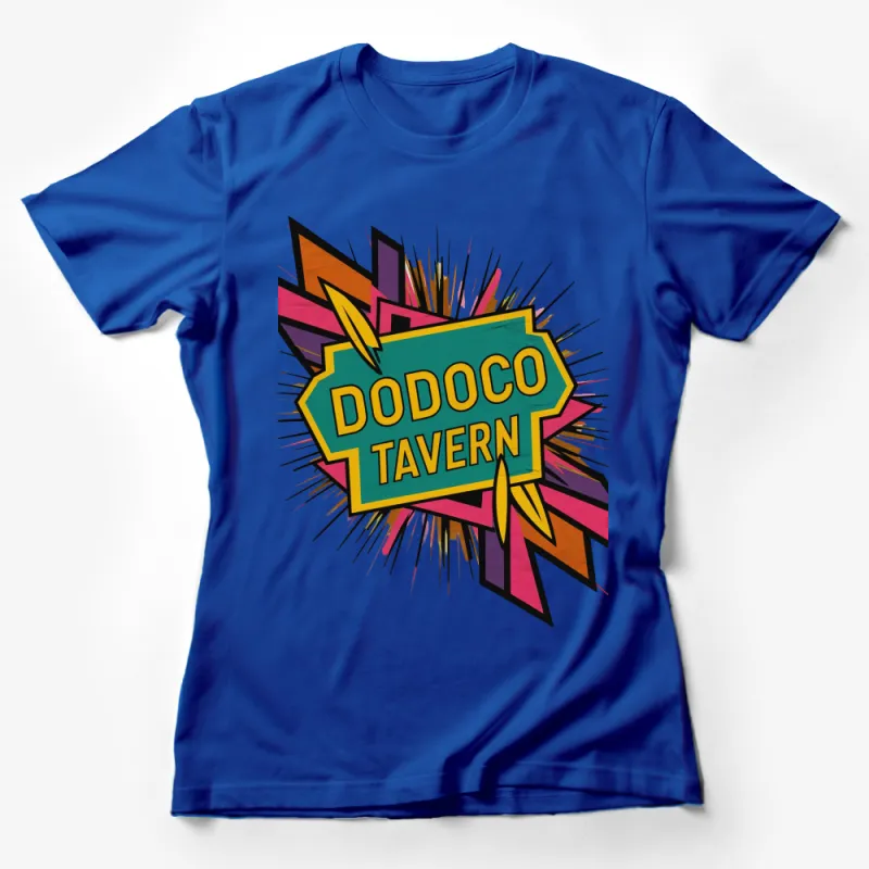 Colorful Dodoco Tavern Logo T-Shirt, Retro Comic Style Graphic Tee, Unisex Casual Wear Female T-Shirt