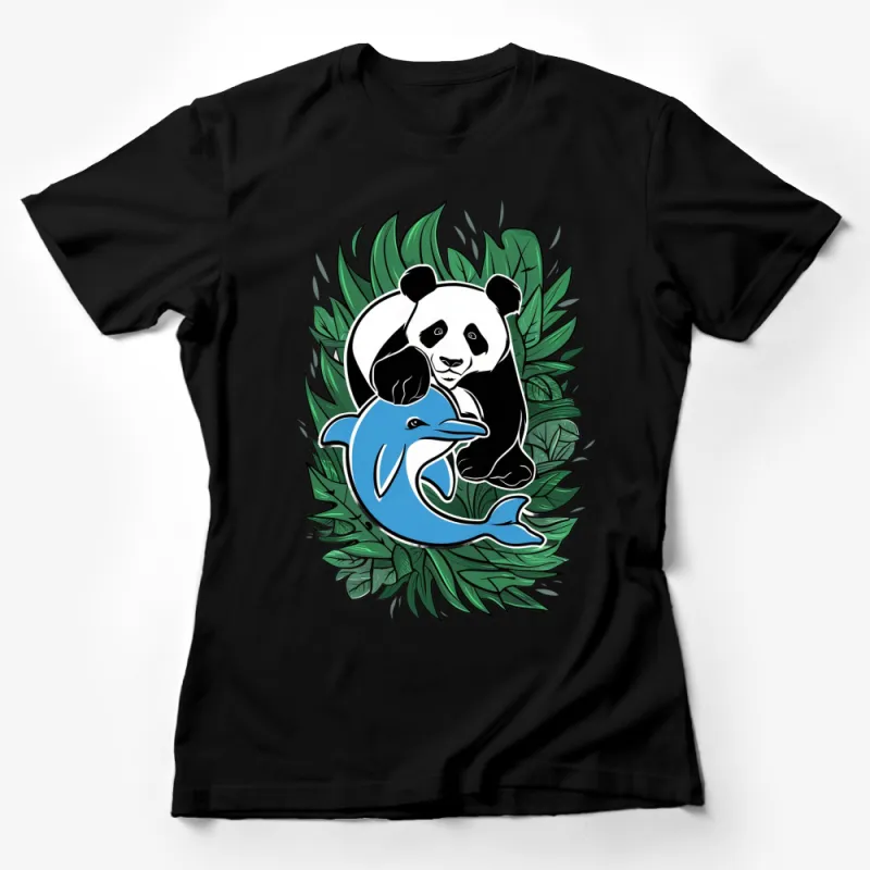 Panda and Dolphin Friendship T-Shirt, Nature Inspired, Animal Lovers Graphic Tee, Unique Wildlife Illustration Shirt, Unisex Fit Female T-Shirt