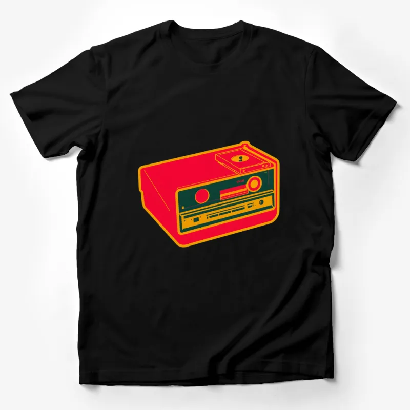 Retro Cassette Player Graphic T-Shirt, Vintage Tape Recorder Design, Bold Red and Yellow Tee Male T-Shirt