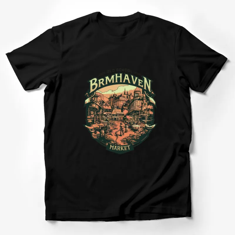 Old School Brmhaven Market Vintage Style T-Shirt, Retro Fantasy City Graphic Tee, Unique Gift Idea Male T-Shirt