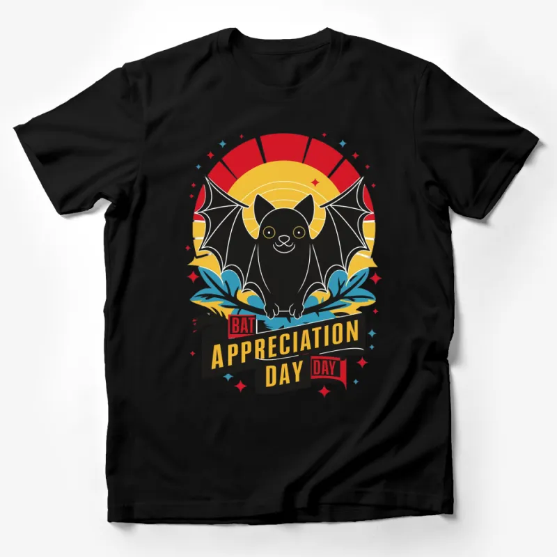 Bat Appreciation Day T-Shirt, Cute Bat Graphic Tee, Colorful Retro Sunset Design Male T-Shirt