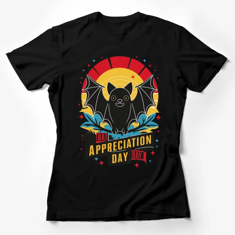 Bat Appreciation Day T-Shirt, Cute Bat Graphic Tee, Colorful Retro Sunset Design Female T-Shirt