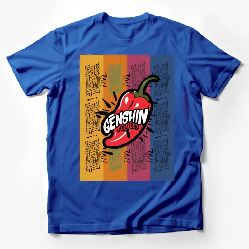 Colorful Genshin Chills Pepper Graphic T-Shirt, Retro Style Bold Print Casual Tee Male T-Shirt