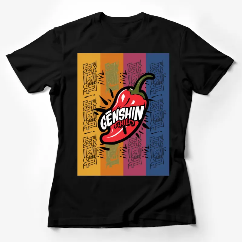 Colorful Genshin Chills Pepper Graphic T-Shirt, Retro Style Bold Print Casual Tee Female T-Shirt