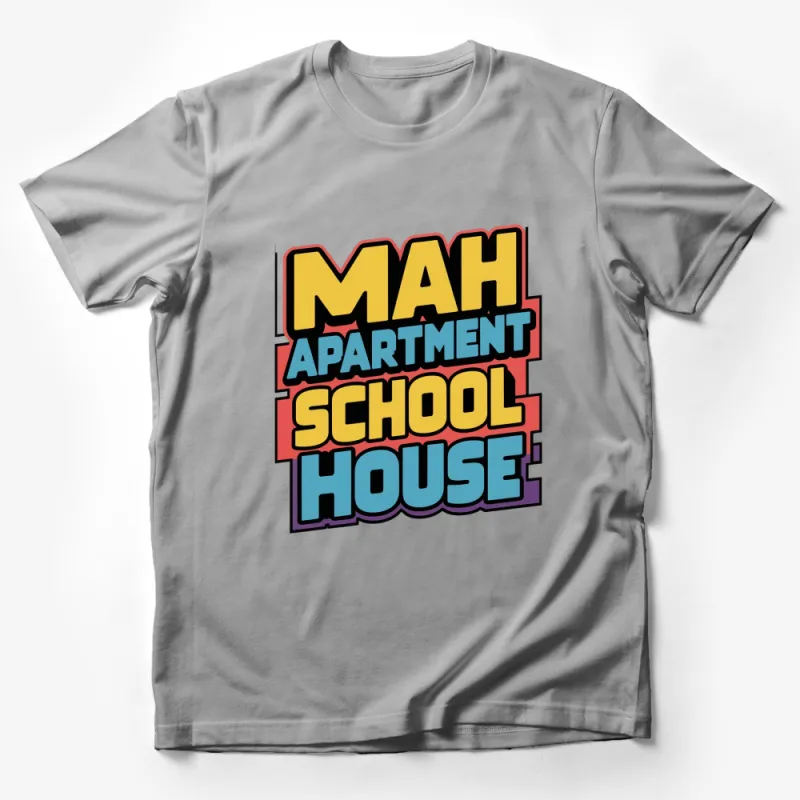 Retro Comic Style T-Shirt, Colorful MAH APARTMENT SCHOOL HOUSE Design Tee Male T-Shirt