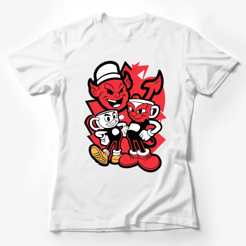 Retro Cartoon Devil and Cup Characters T-Shirt, Unisex Comic Style Graphic Tee, Bold Red and White Female T-Shirt