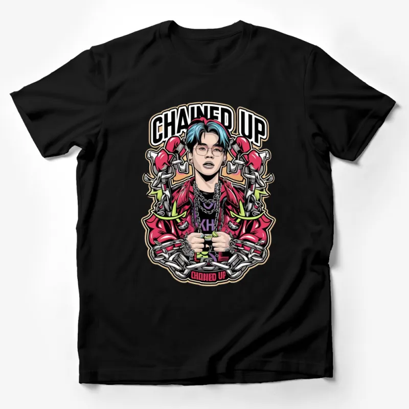 Chained Up Graphic T-Shirt, Stylish Urban Streetwear, Bold Cartoon Character Design, Vibrant Colors Male T-Shirt