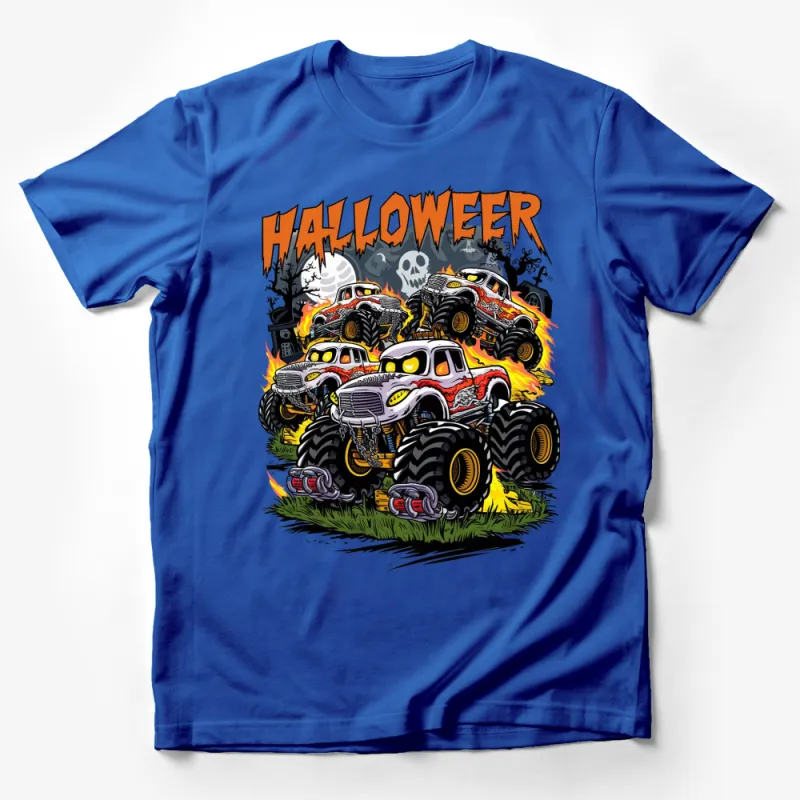 Halloween Monster Truck Rally T-Shirt, Fiery Skull and Trucks Graphic, Boys and Adults Sizes, Motorsport Tee Male T-Shirt