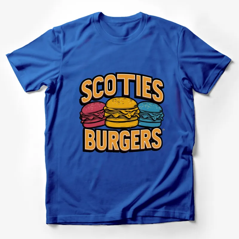 Scotties Burgers Logo T-Shirt, Vintage Fast Food Graphic Tee, Colorful Burger Design Shirt Male T-Shirt