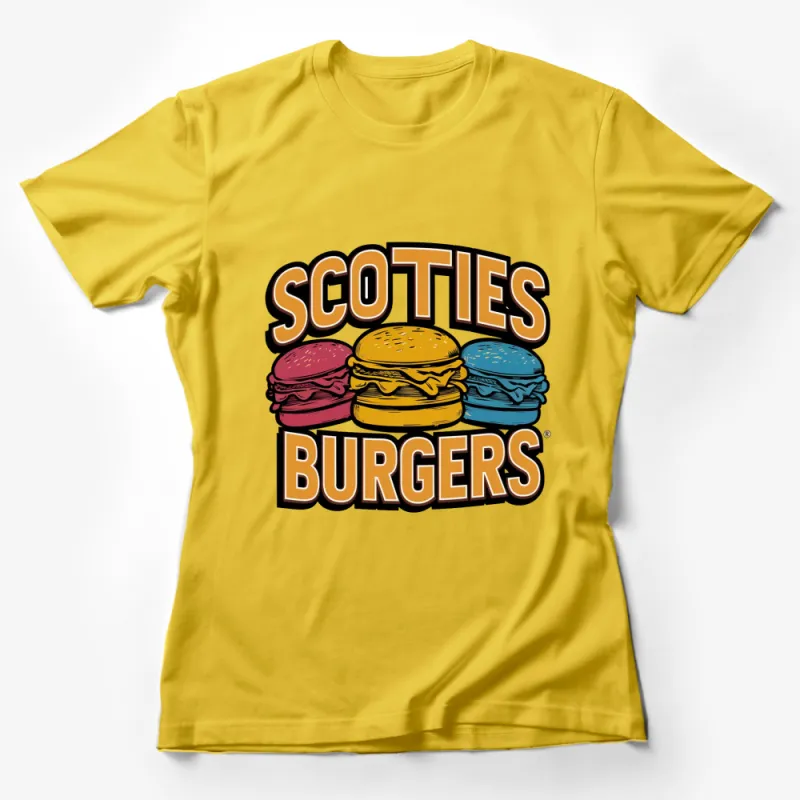 Scotties Burgers Logo T-Shirt, Vintage Fast Food Graphic Tee, Colorful Burger Design Shirt Female T-Shirt