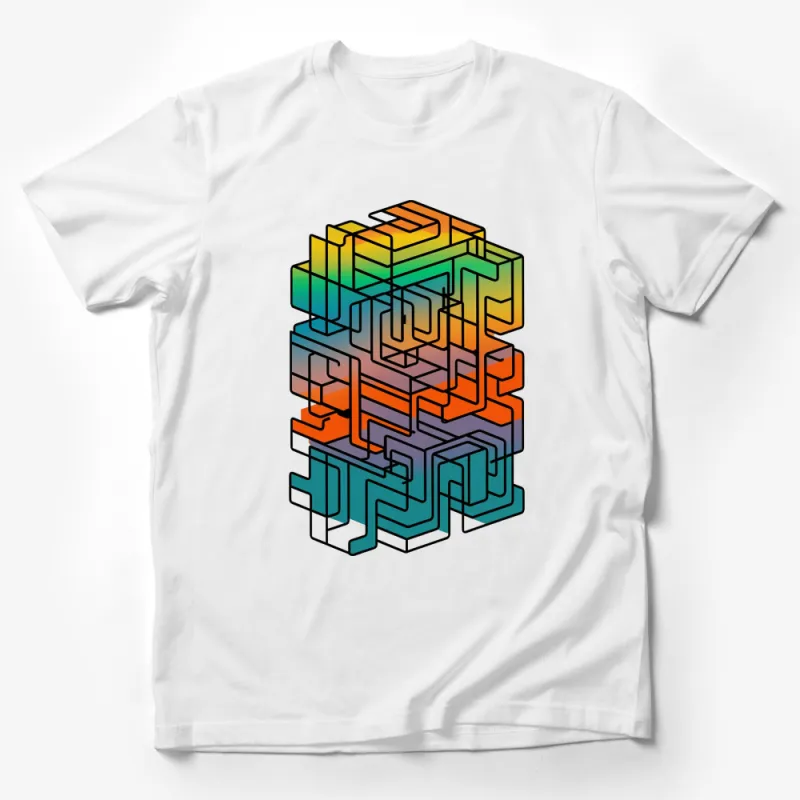 Colorful 3D Maze Graphic T-Shirt, Unique Geometric Puzzle Design Tee, Mens Womens Casual Wear Male T-Shirt