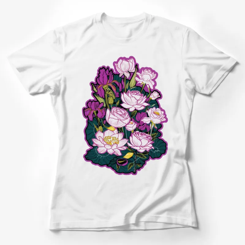 Floral T-Shirt, Vibrant Peony and Iris Graphic Design, Colorful Botanical Illustration, Women's Fashion Tee Female T-Shirt