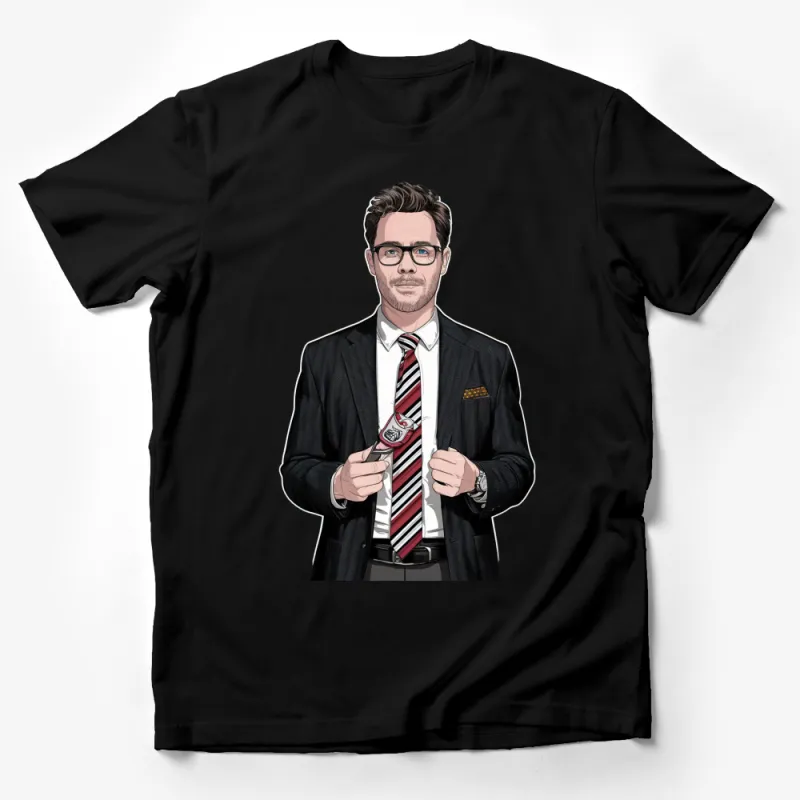 Stylish Businessman Cartoon T-Shirt, Cool Hipster Guy with Glasses Fashion Tee Male T-Shirt