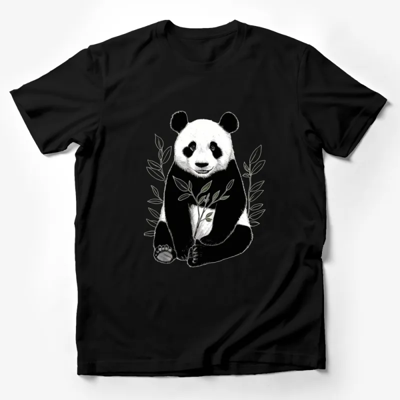 Panda Graphic T-Shirt, Cute Panda with Leaves Design, Unisex Black and White Tee Male T-Shirt