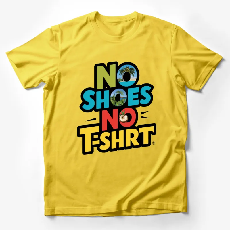 No Shoes No T-shirt Tropical Beach Graphic Tee, Palm Tree Coconut Design Casual Wear Male T-Shirt