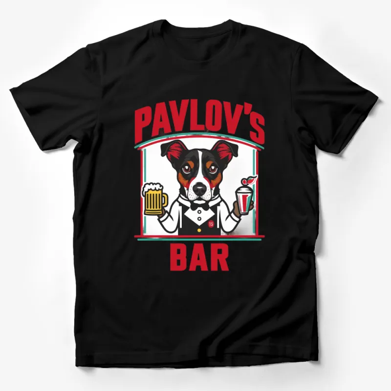 Pavlov's Bar Dog T-Shirt, Funny Bartender Dog with Beer and Cocktail, Unique Graphic Tee, Pet Lover Gift Male T-Shirt